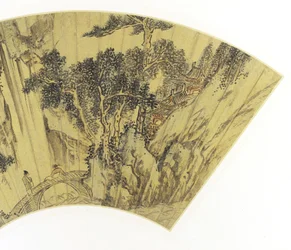 Detail van bergachtig landschap met twee figuren op een brug (detail)